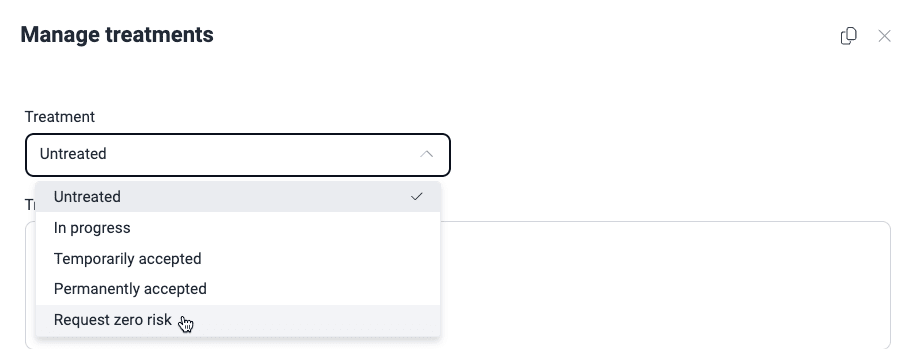 Find Request zero risk treatment option on the Fluid Attacks platform