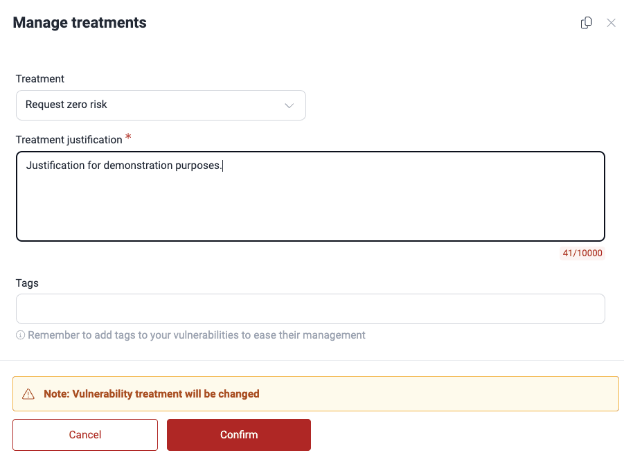 Add justification for the zero risk request on the Fluid Attacks platform
