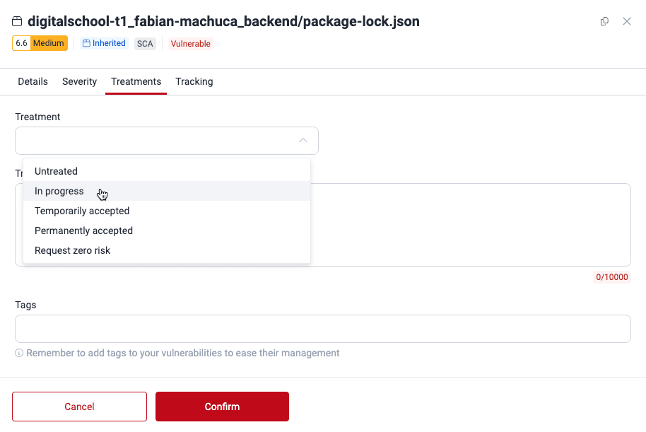 Assign treatment to a vulnerability on the Fluid Attacks platform