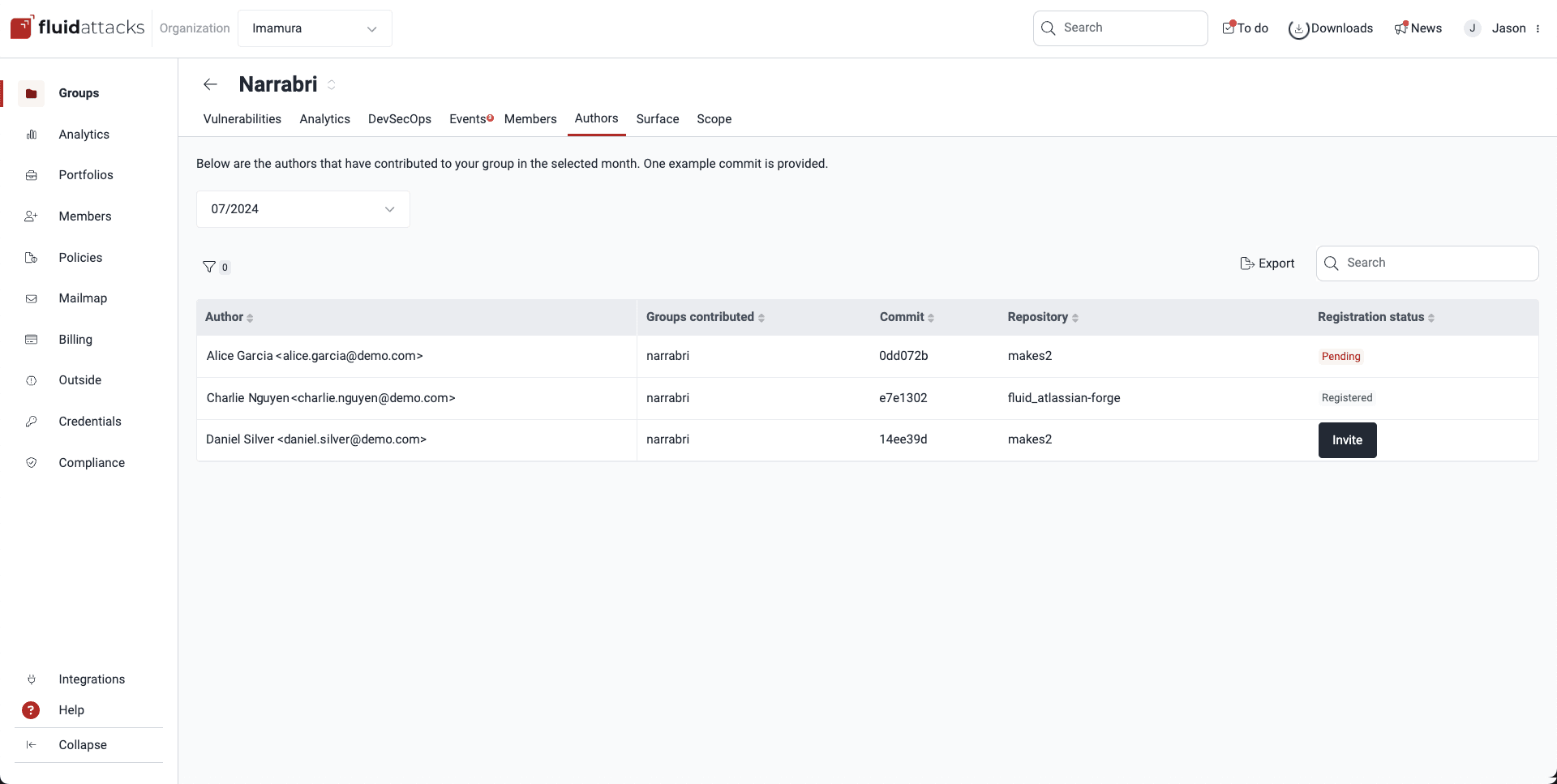 View contributing developers on the Fluid Attacks platform
