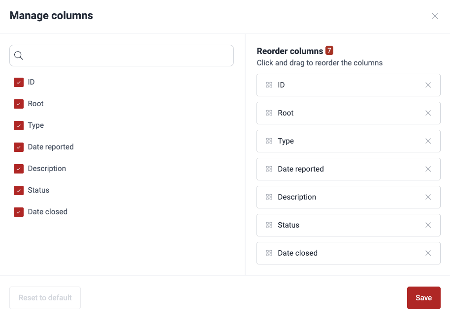 Show and hide events columns on the Fluid Attacks platform