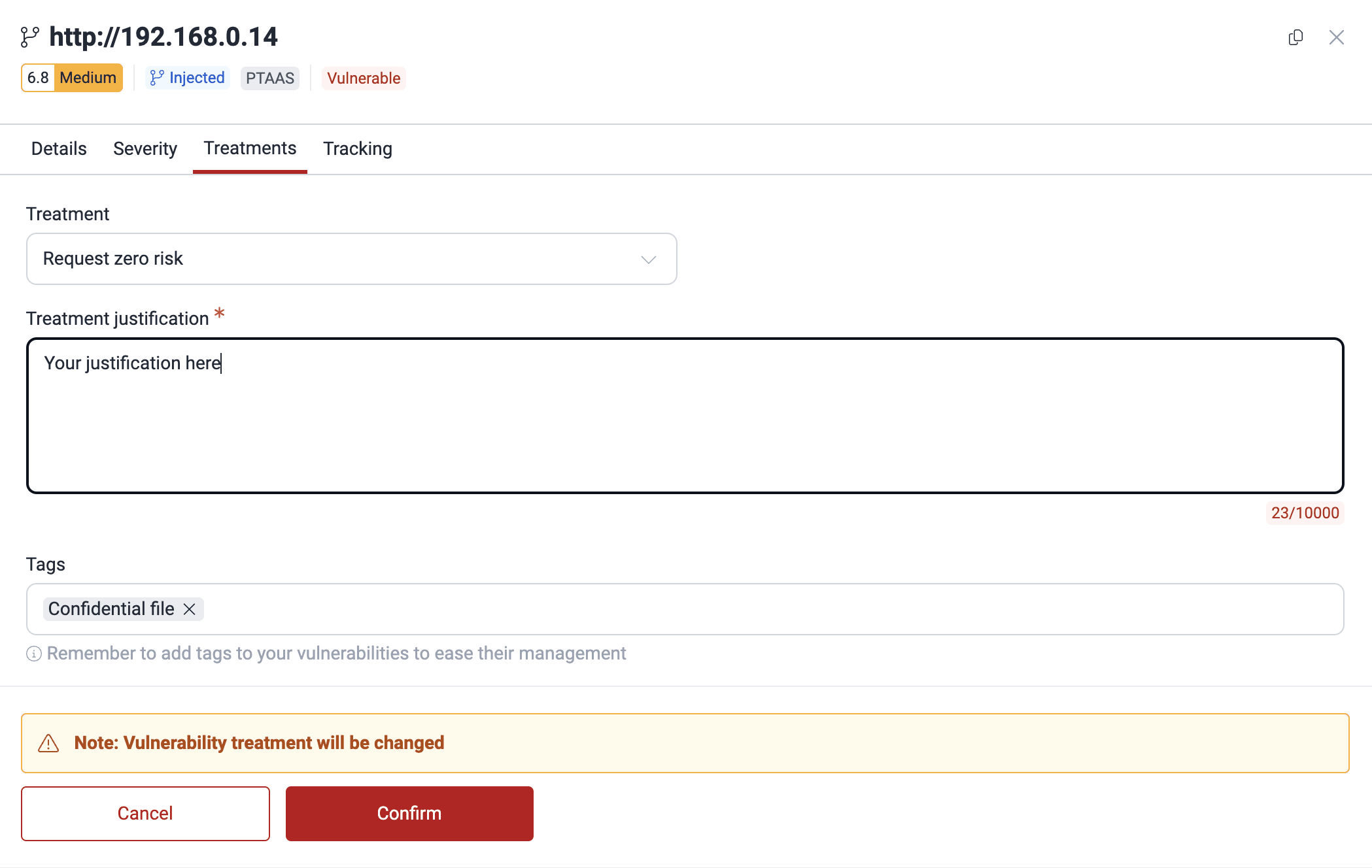 Write a justification in the Treatments tab on the Fluid Attacks platform
