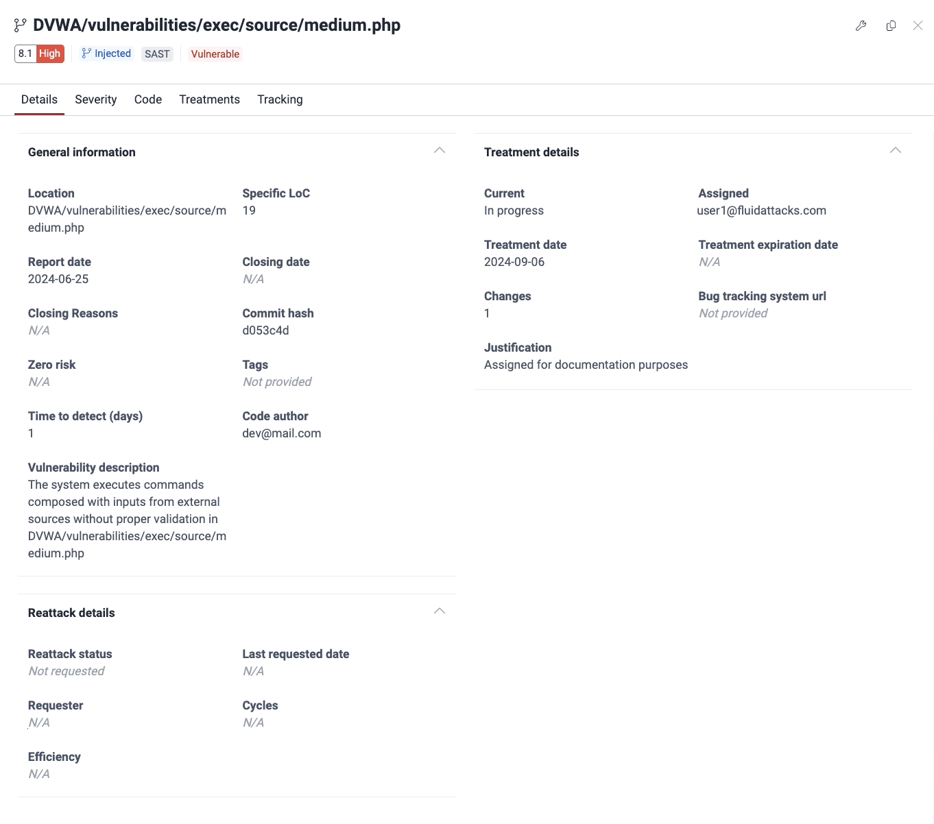 View vulnerability details on the Fluid Attacks platform