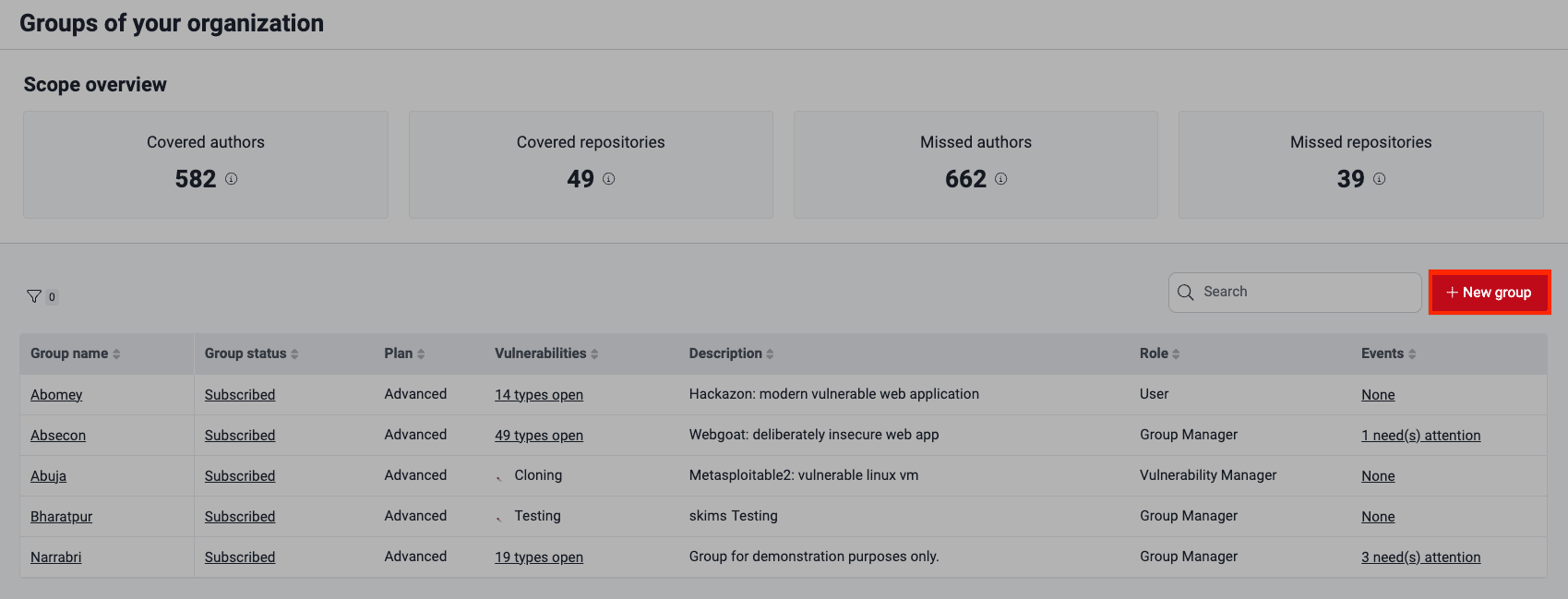 Use the option to create a new group on the Fluid Attacks platform