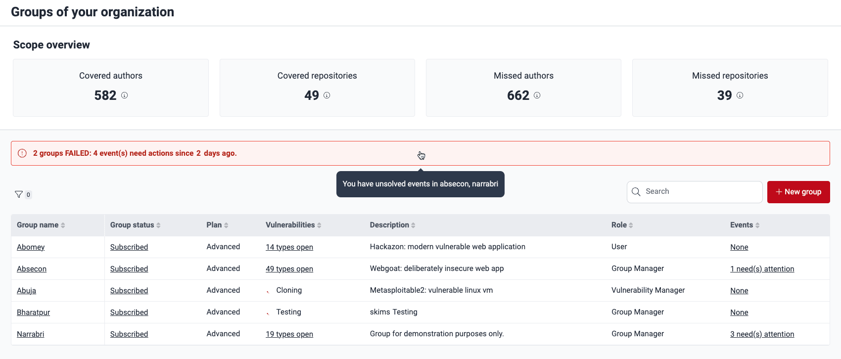View unsolved events banner on the Fluid Attacks platform
