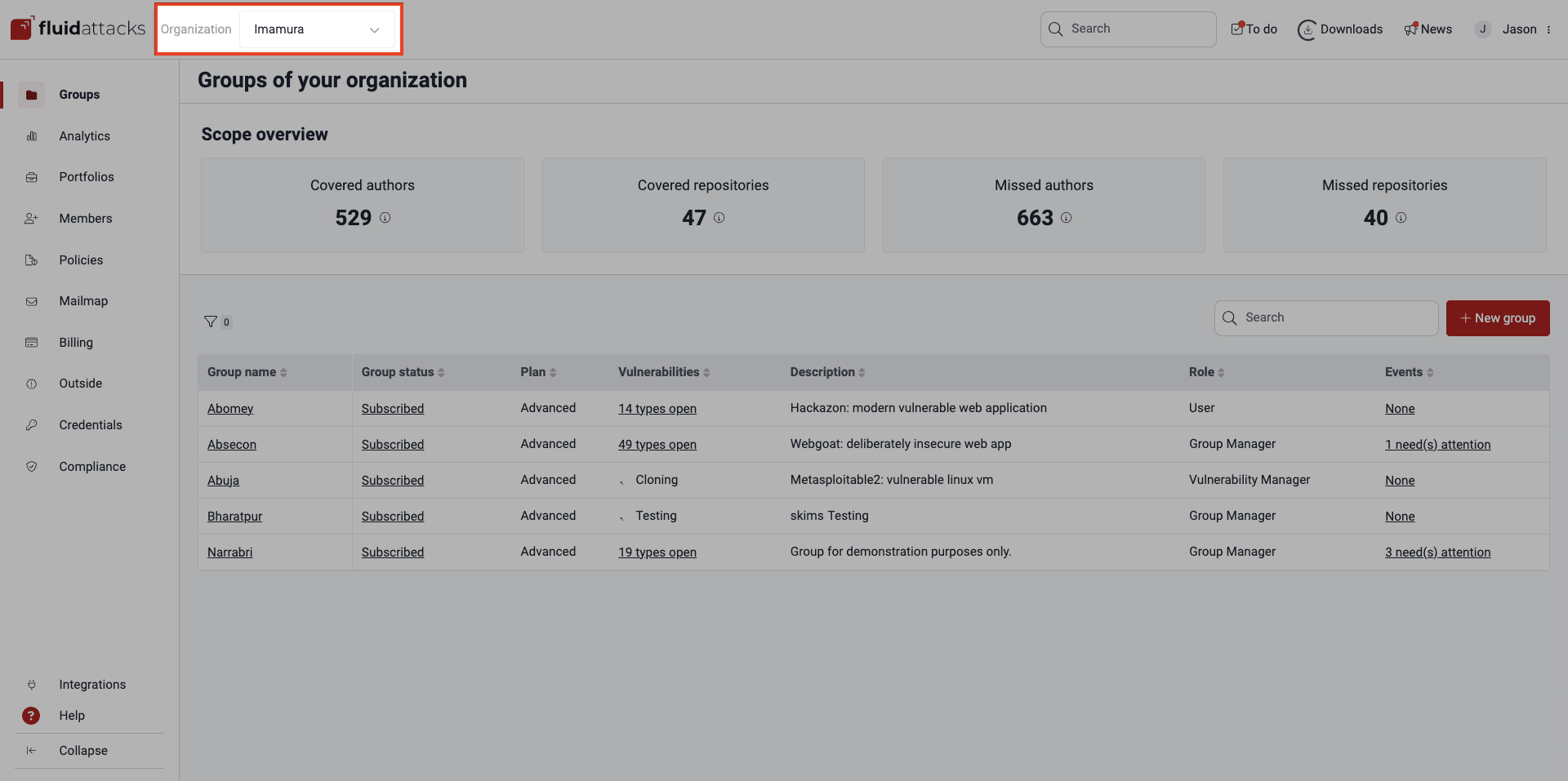Find organization dropdown on the Fluid Attacks platform