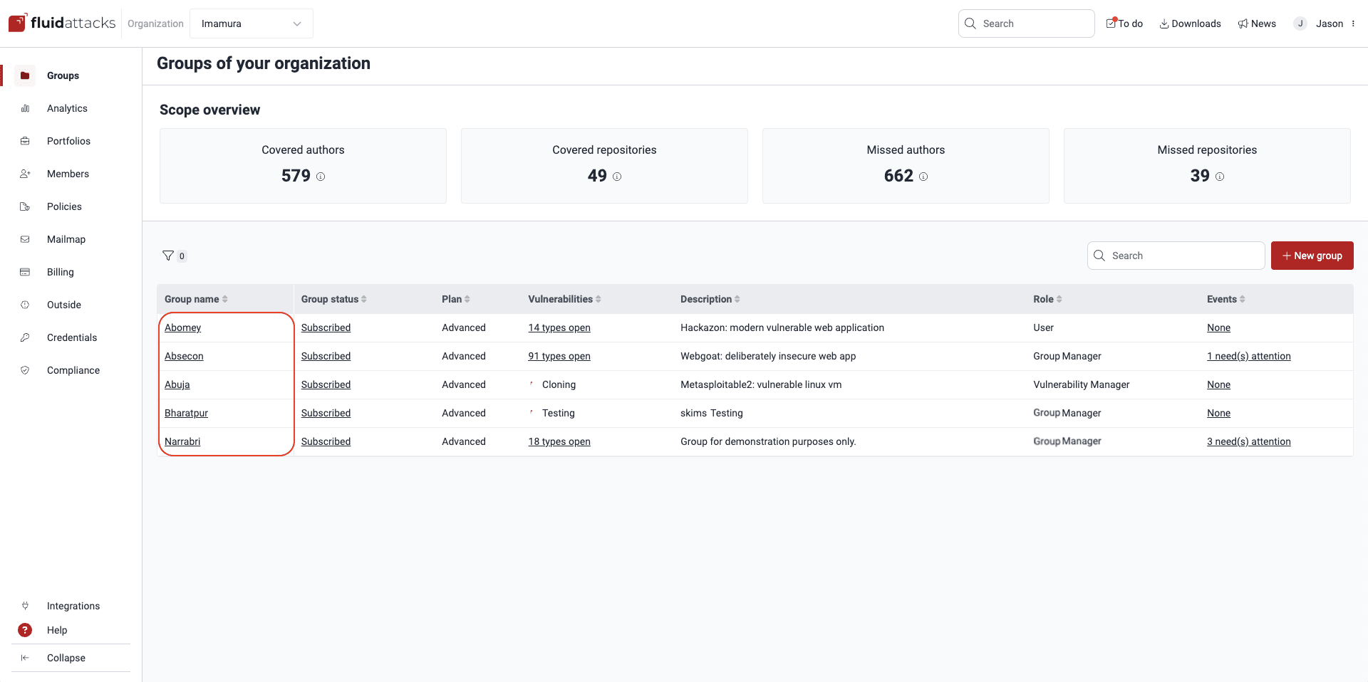 Select a group on the Fluid Attacks platform