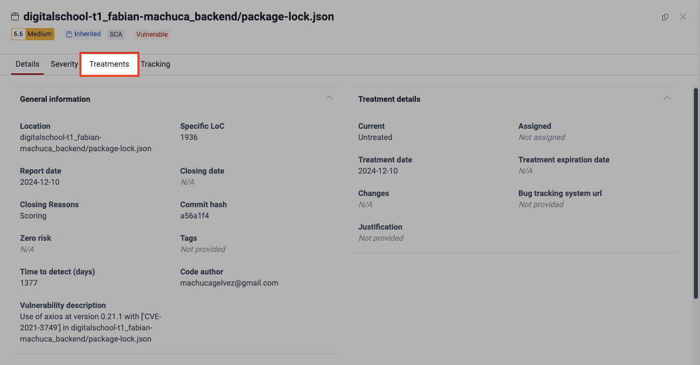 Open Treatments tab on the Fluid Attacks platform