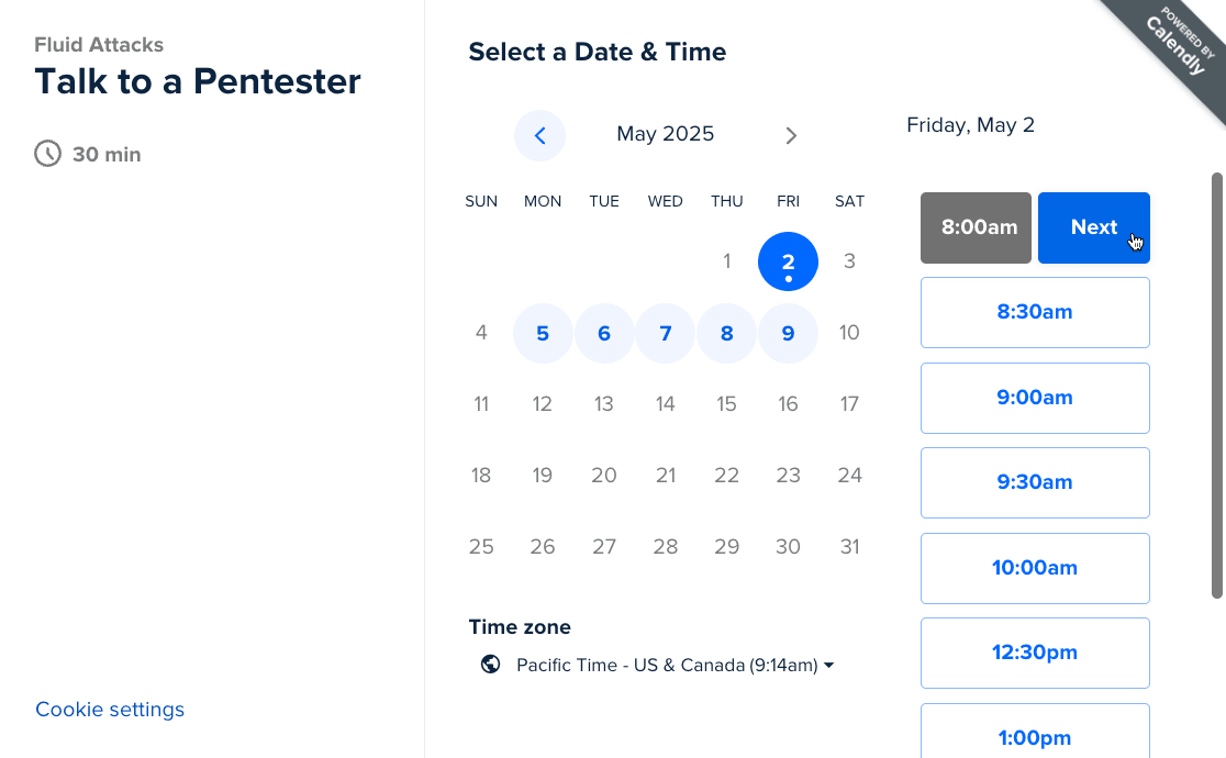 Select date of Talk to a Pentester on the Fluid Attacks platform