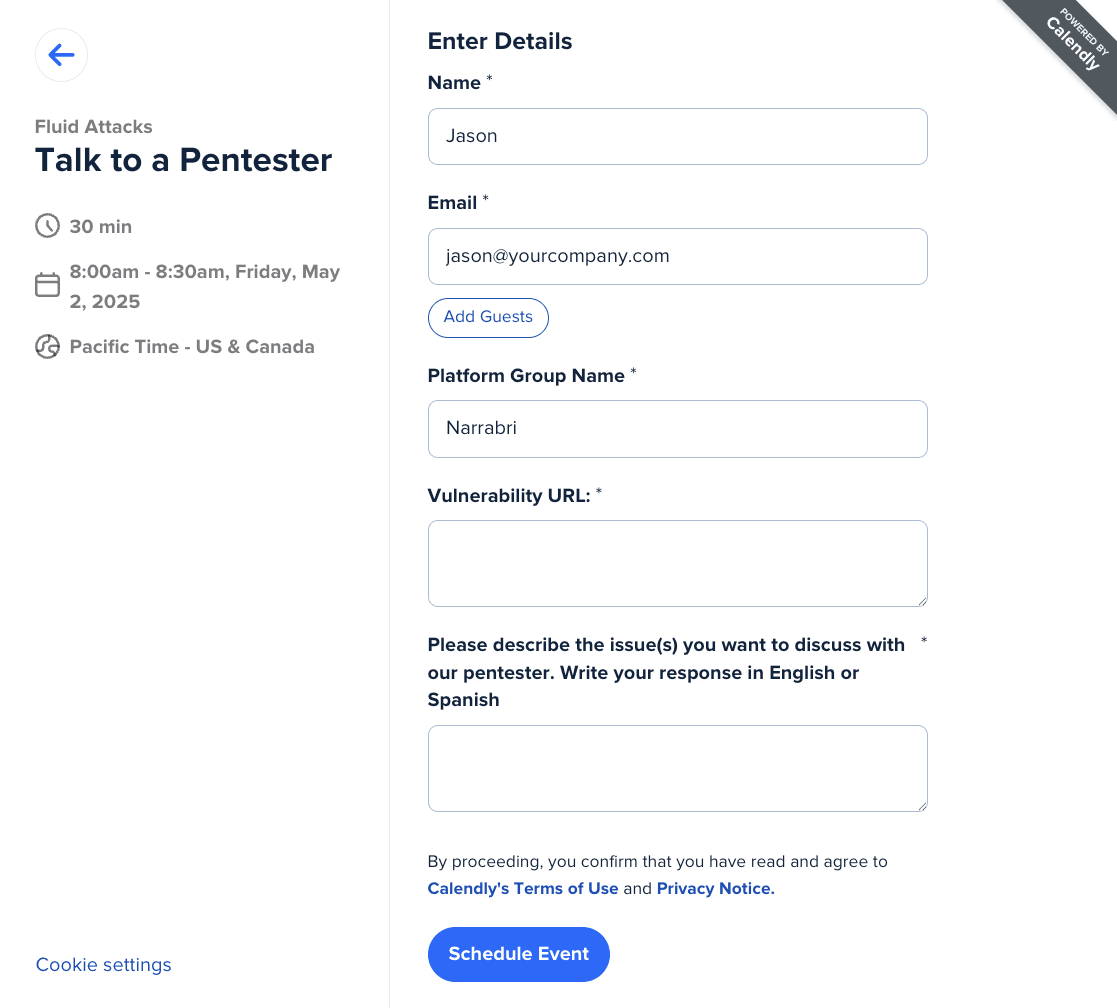 Schedule Talk to a Pentester on the Fluid Attacks platform