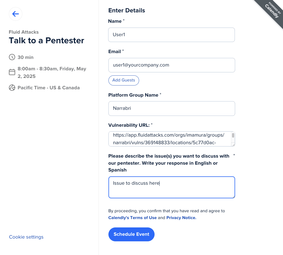 Schedule a meeting with a Fluid Attacks pentester