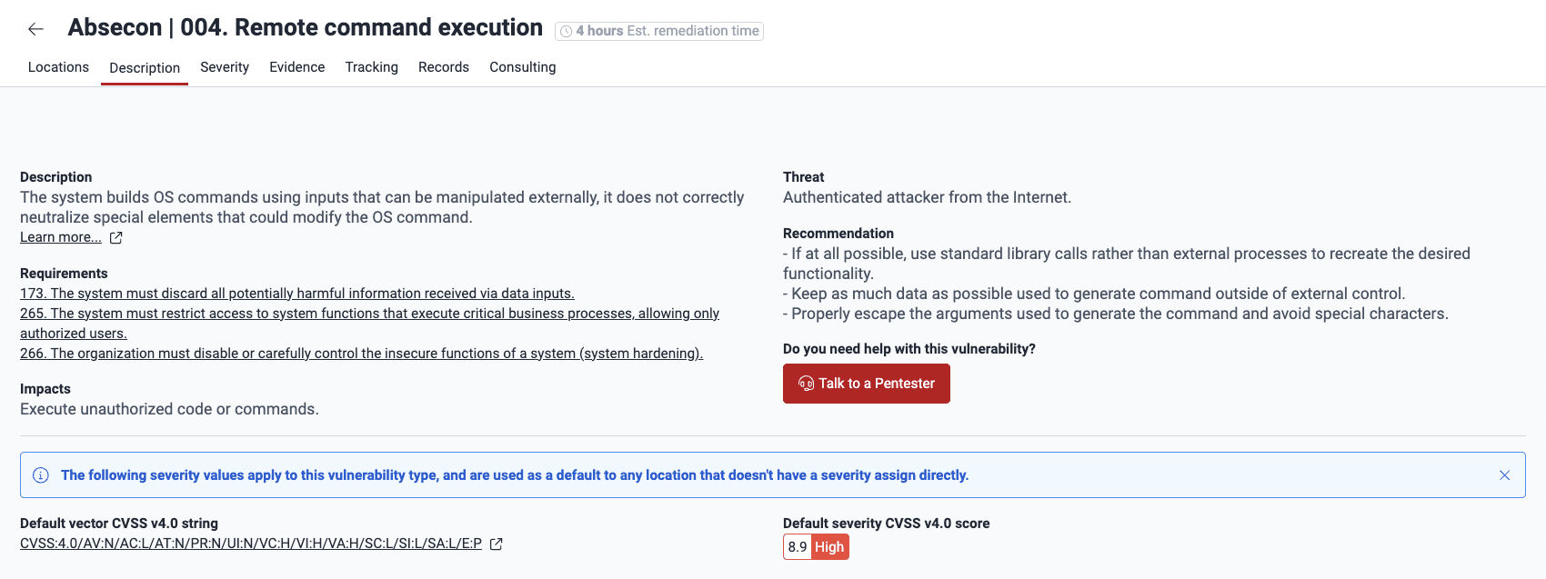 View vulnerability description on the Fluid Attacks platform