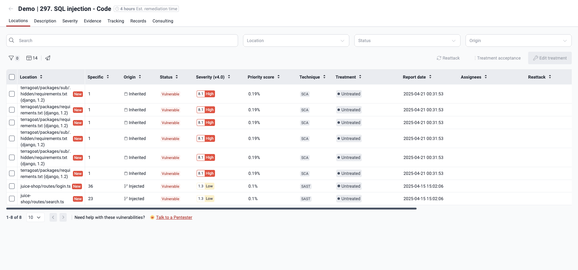 View where the vulnerability is present on the Fluid Attacks platform