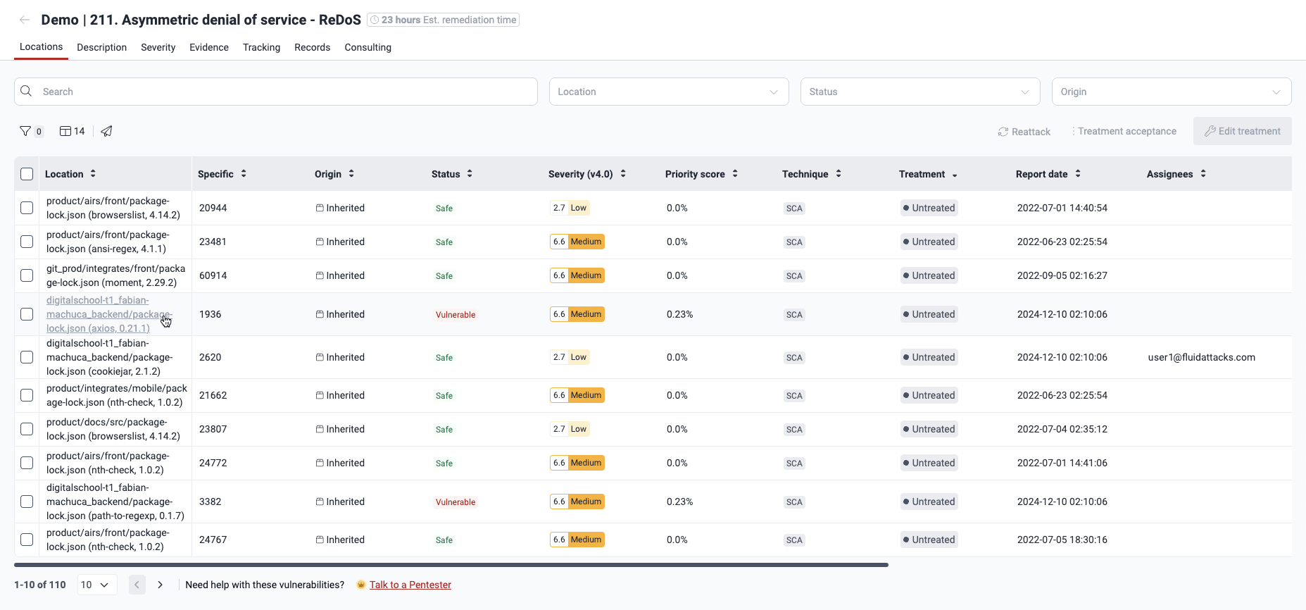 Select vulnerability to assign remediation on the Fluid Attacks platform