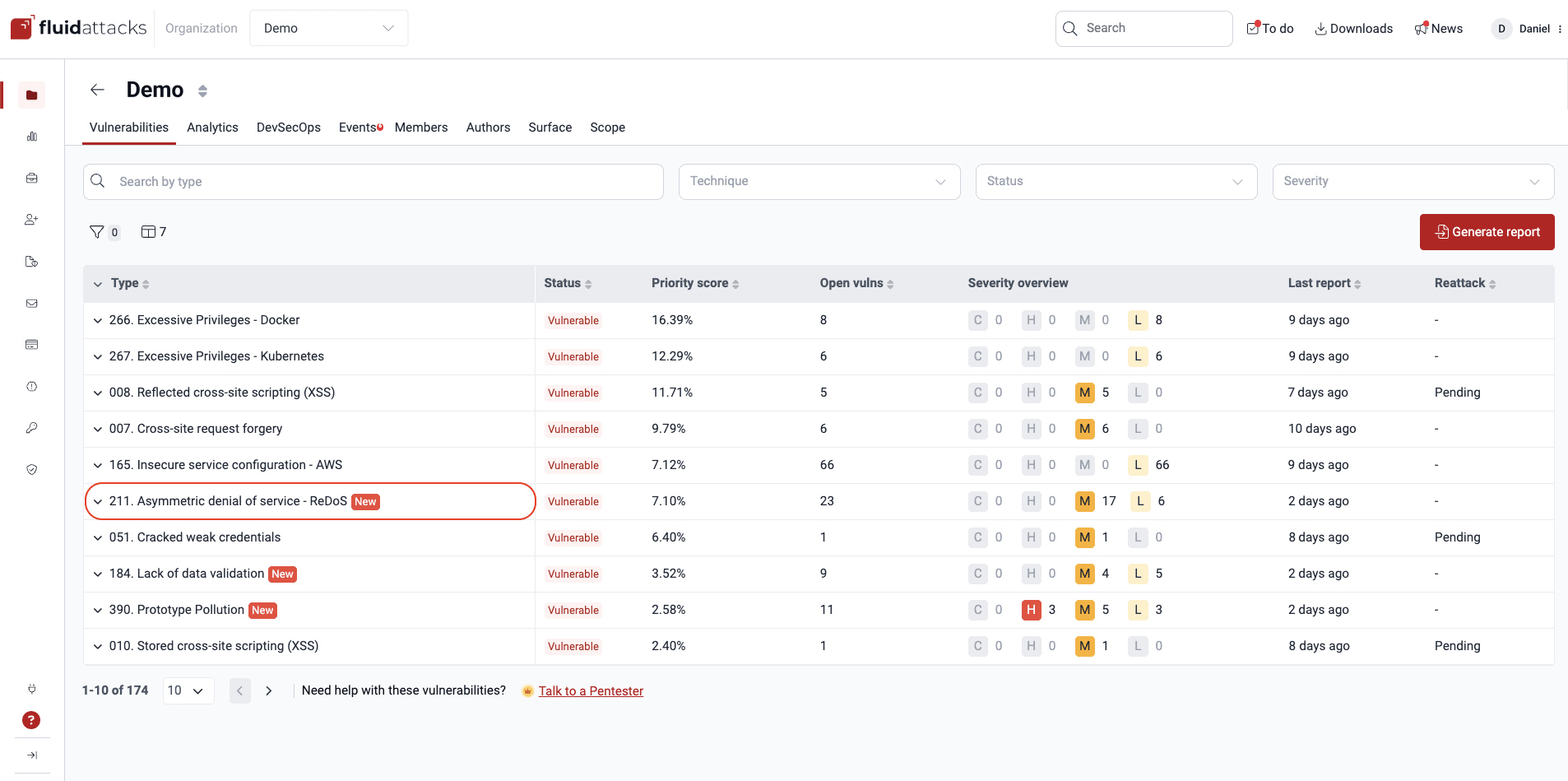 Select type of vulnerability to reattack on the Fluid Attacks platform