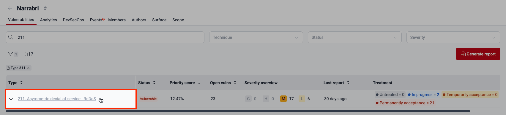 Select a type with vulnerable dependency on the Fluid Attacks platform