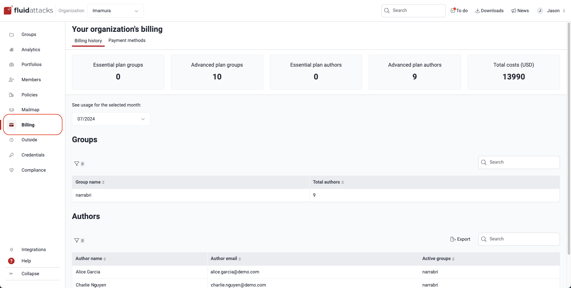 Billing in organization on the Fluid Attacks platform