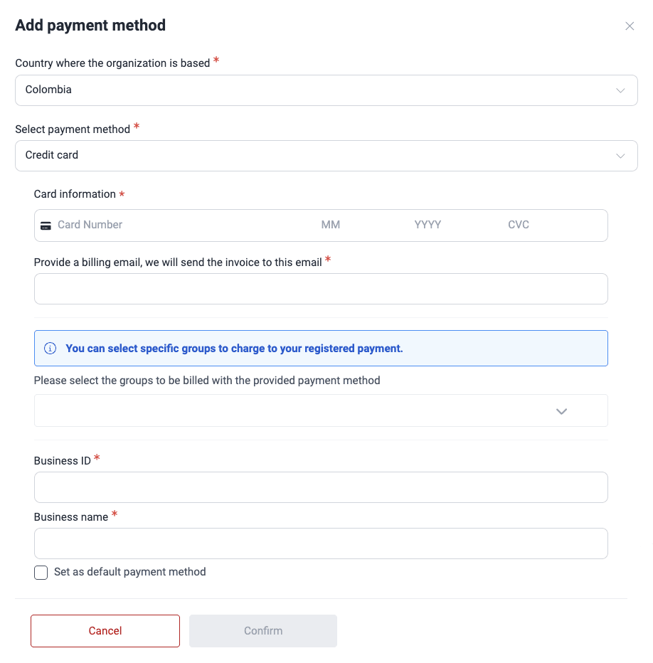 Add a payment method on the Fluid Attacks platform