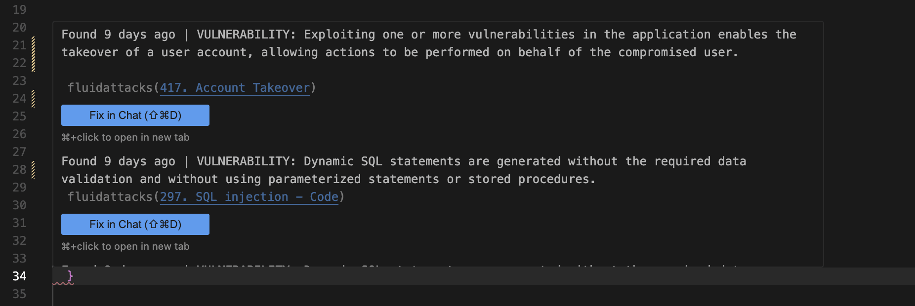Open link to the platform from the Fluid Attacks Cursor extension