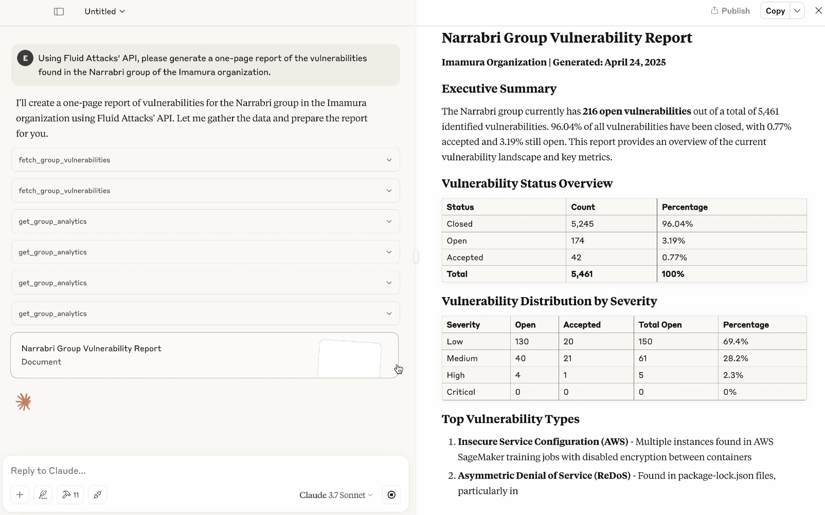 Generate a Fluid Attacks vulnerability report on Claude