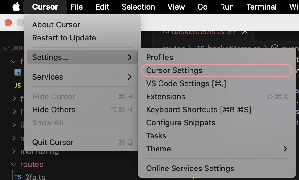 Open Cursor settings