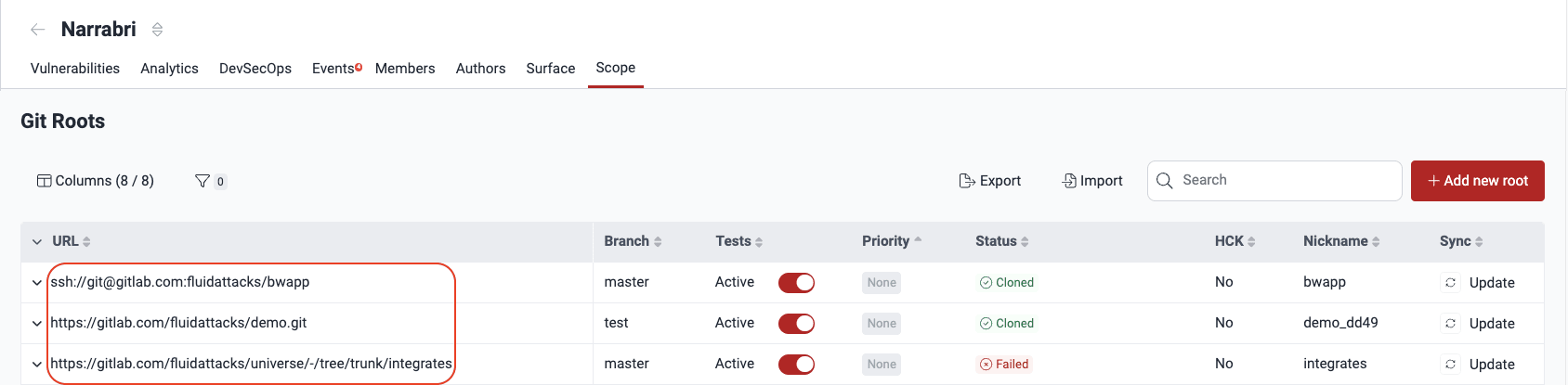 Click on Git repository URL on the Fluid Attacks platform
