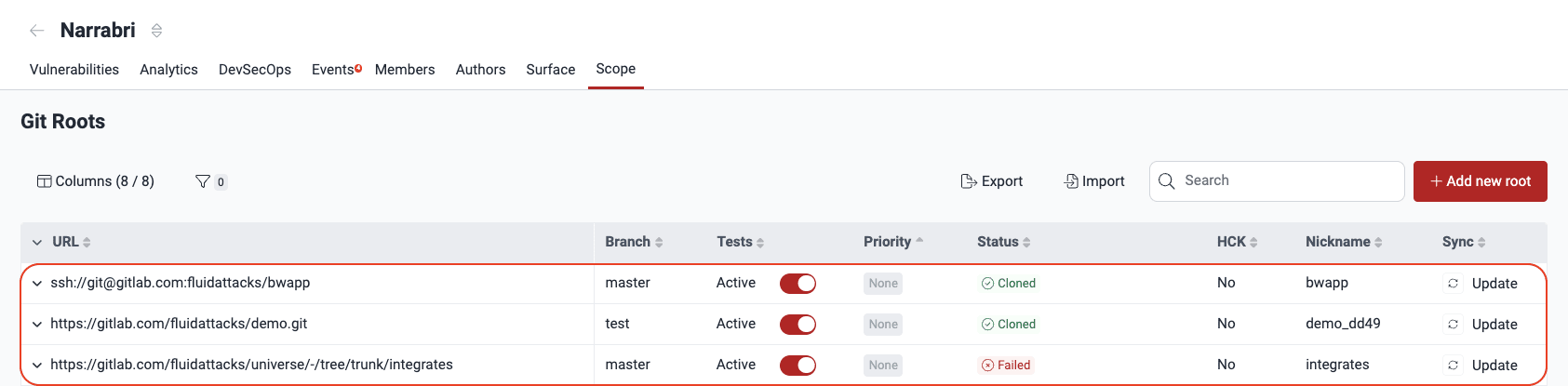 Locate repository to deactivate on the Fluid Attacks platform