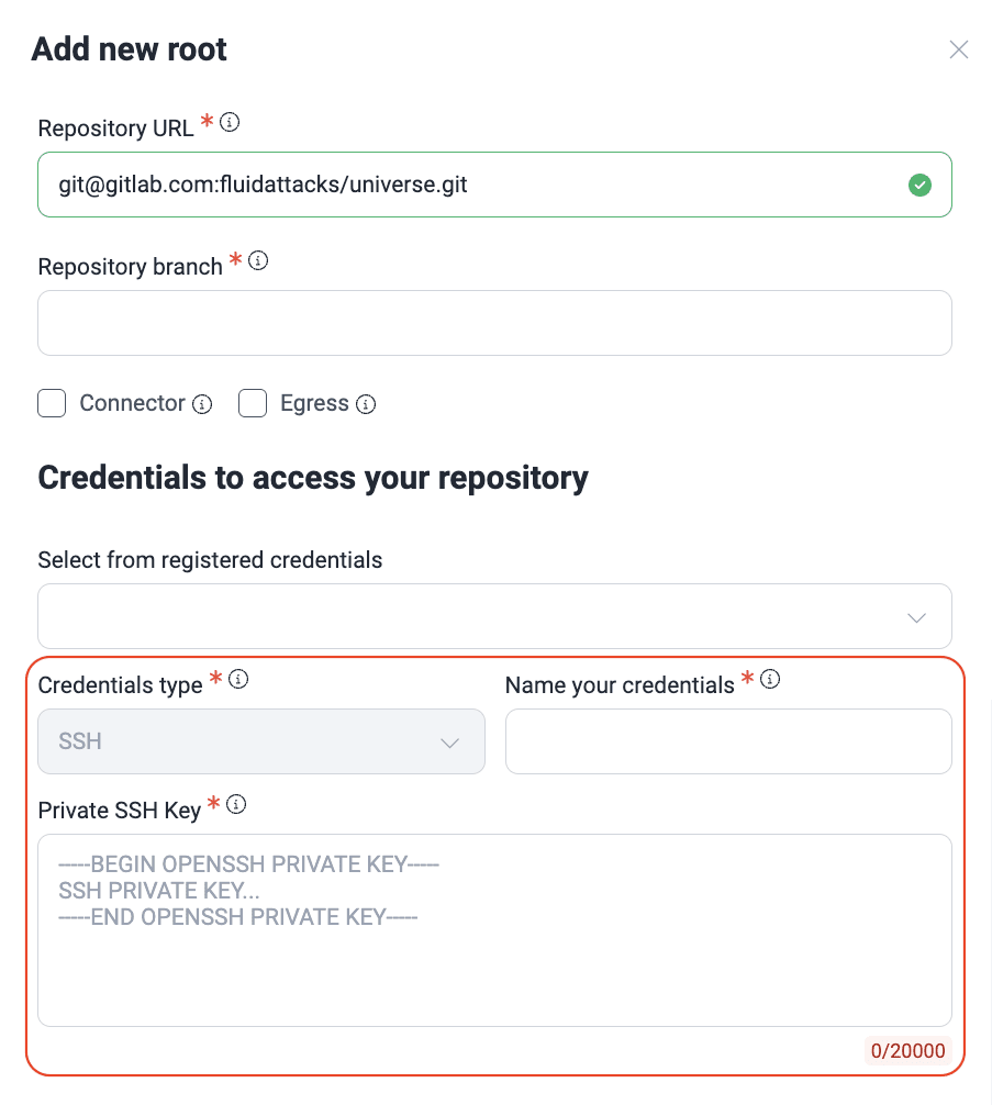 Use SSH key as credentials on the Fluid Attacks platform