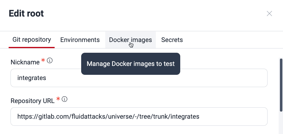 Find the Docker images tab on the Fluid Attacks platform