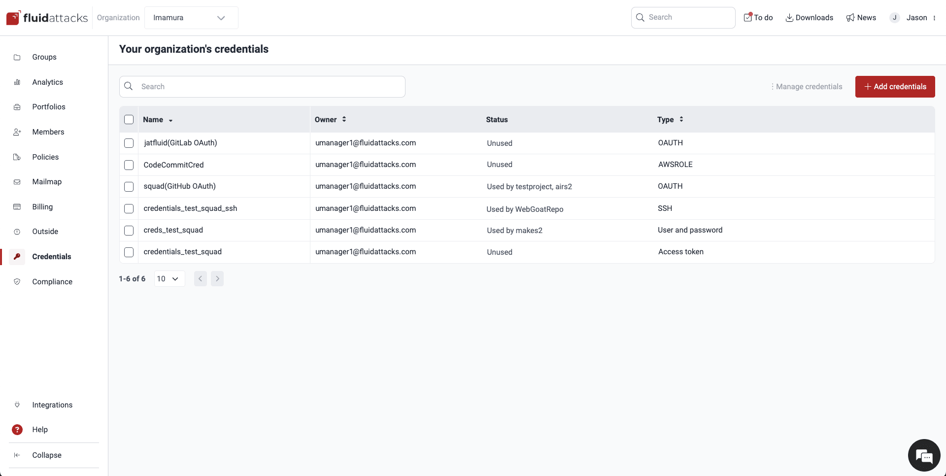 Manage organization credentials on the Fluid Attacks platform