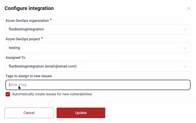 Provide Azure organization and project names on the Fluid Attacks platform