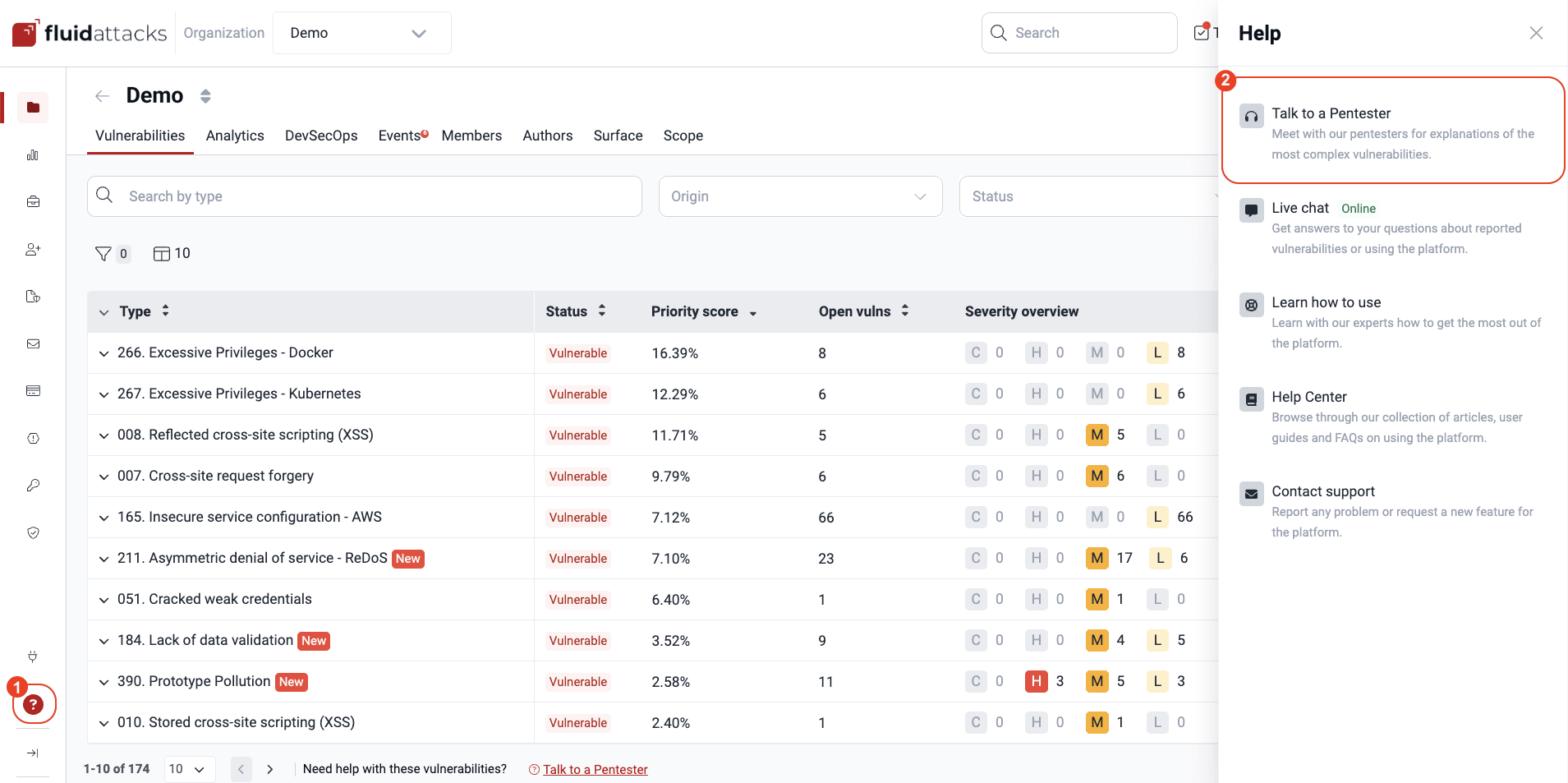 Find the Talk to a Pentester option on the Fluid Attacks platform
