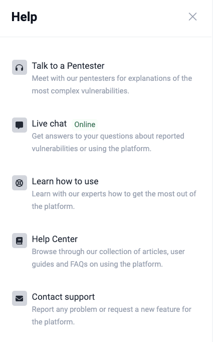 Use help options on the Fluid Attacks platform