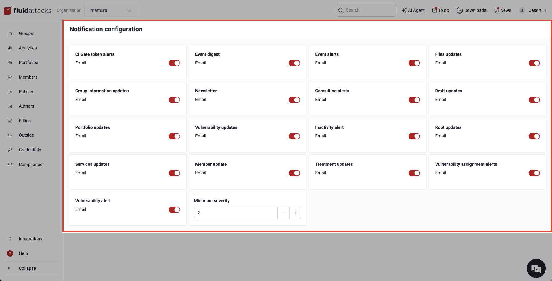 View notifications configuration on the Fluid Attacks platform