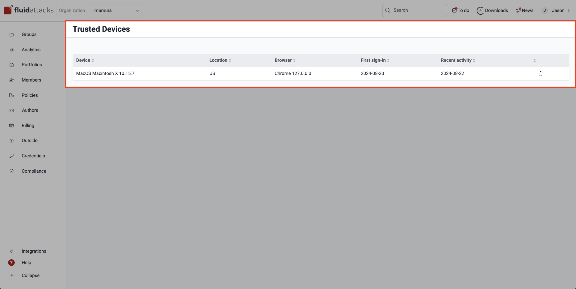 Manage trusted devices on the Fluid Attacks platform