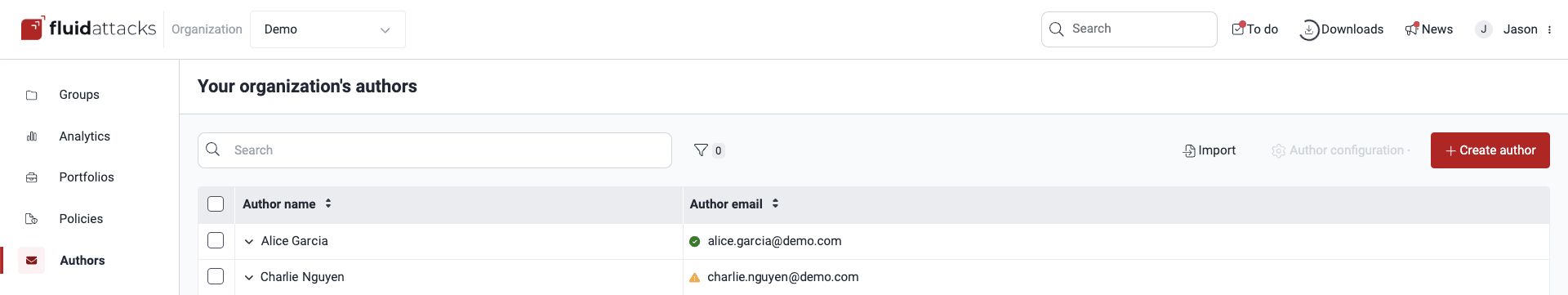 Enter Authors section on the Fluid Attacks platform