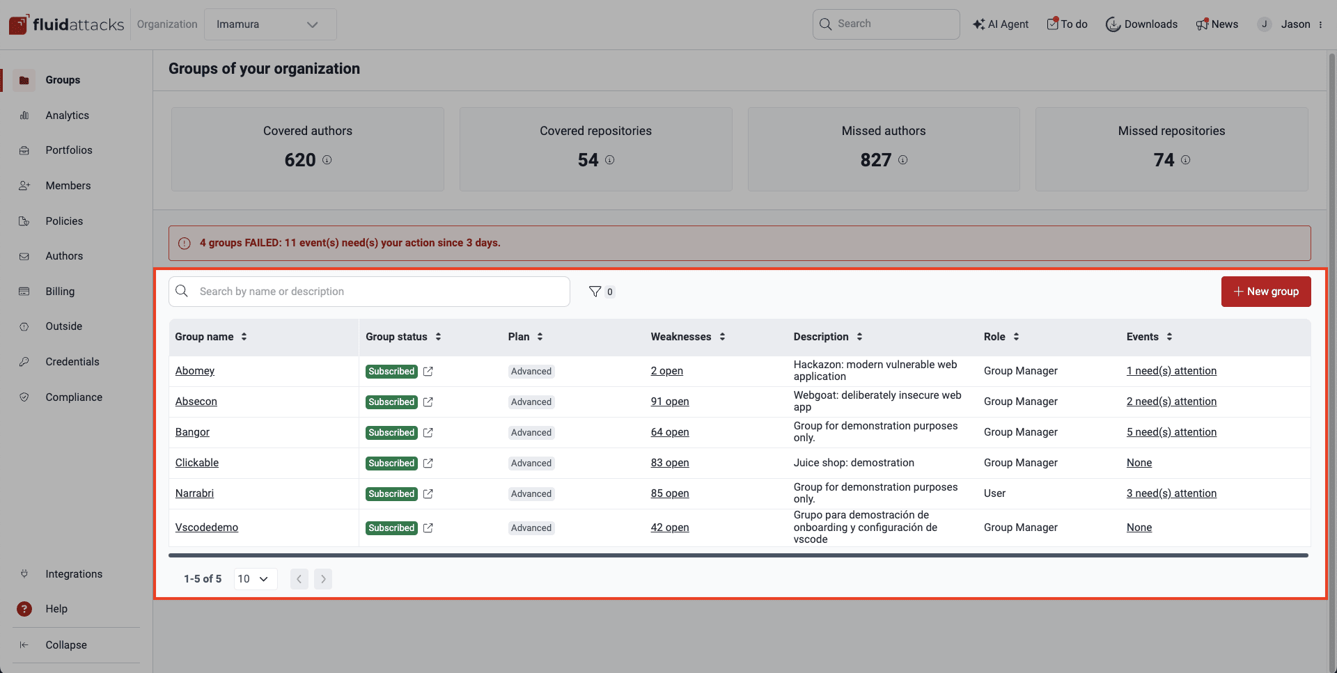 View the group table on the Fluid Attacks platform