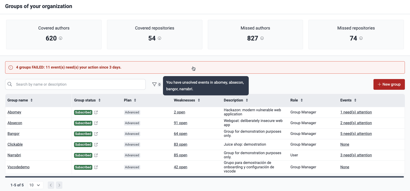 View unsolved events banner on the Fluid Attacks platform
