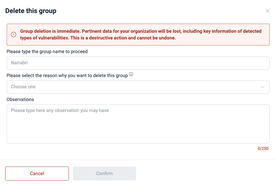 Confirm group deletion on the Fluid Attacks platform