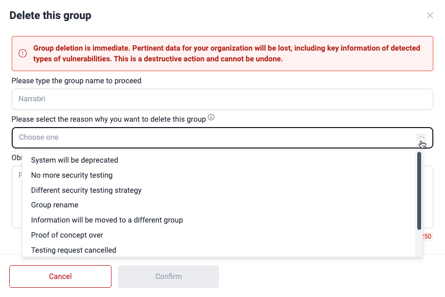 Provide reasons to delete a group on the Fluid Attacks platform
