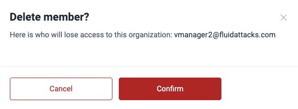 Confirm member removal on the Fluid Attacks platform