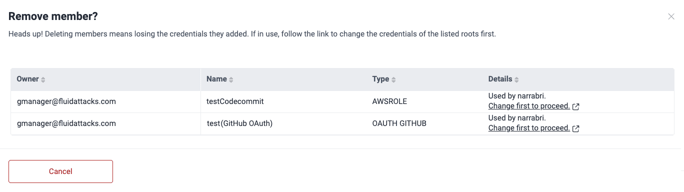 Change credentials to delete member on the Fluid Attacks platform