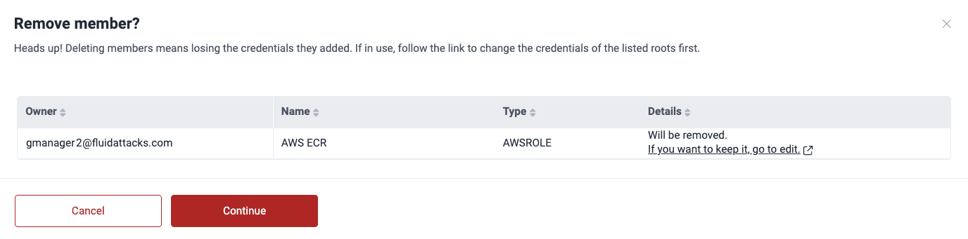 Delete credentials and member on the Fluid Attacks platform