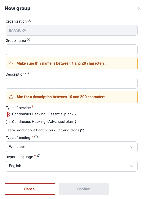 Create a new group within the Fluid Attacks platform