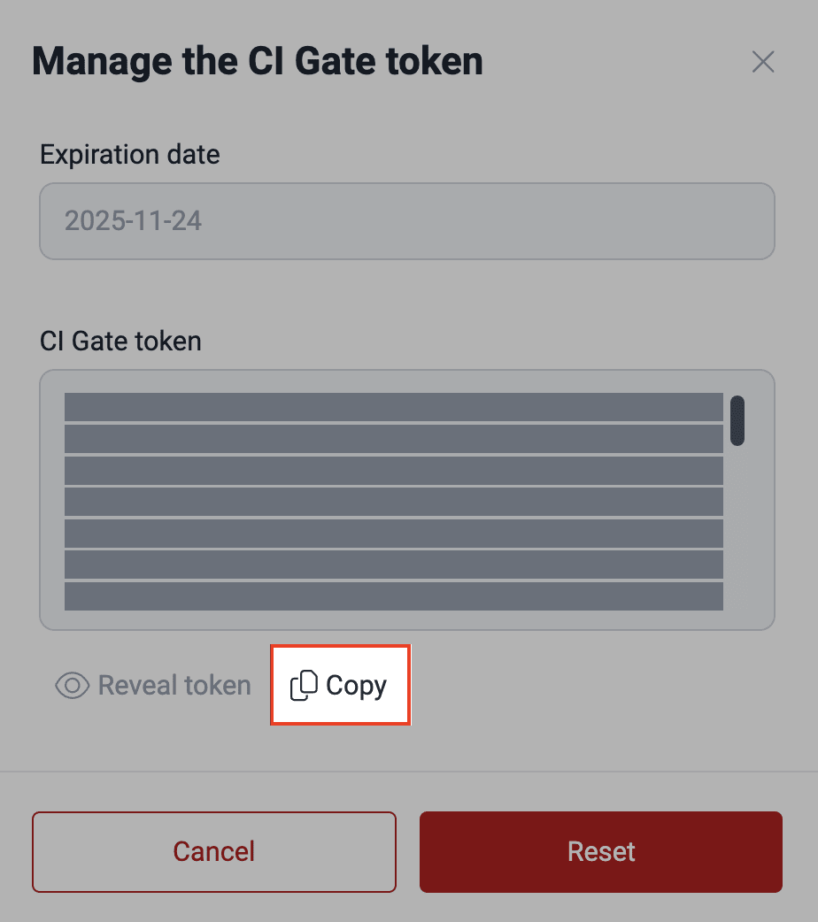 Copy CI Agent token on the Fluid Attacks platform