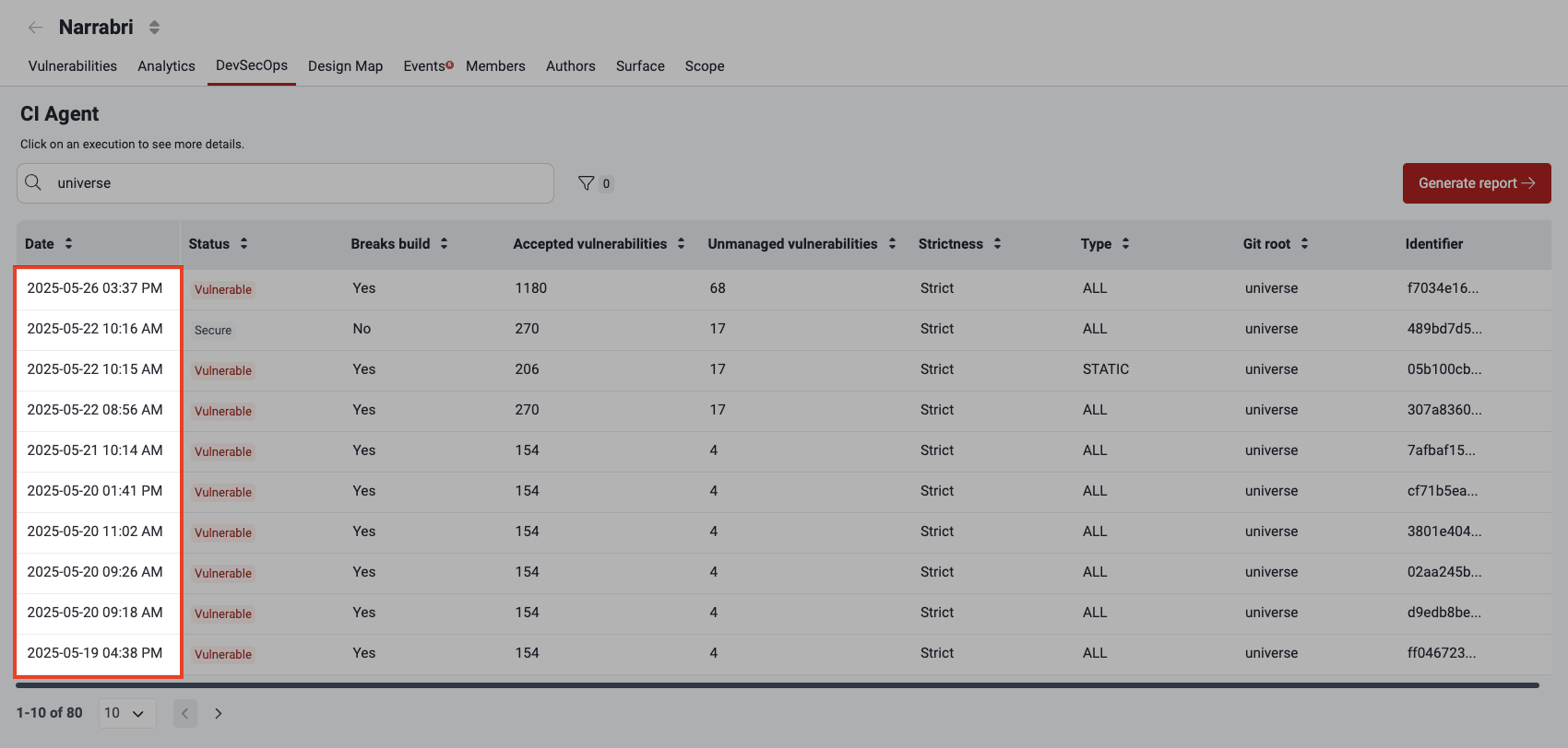 Select an Agent execution on the Fluid Attacks platform