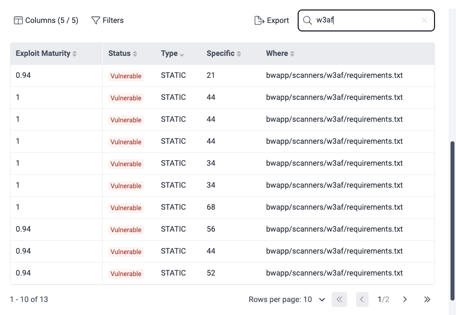 Search the execution summary table on the Fluid Attacks platform