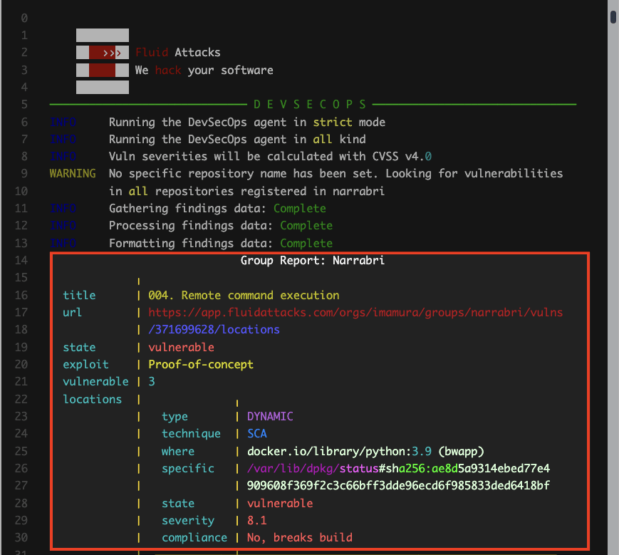 View Agent execution log on the Fluid Attacks platform