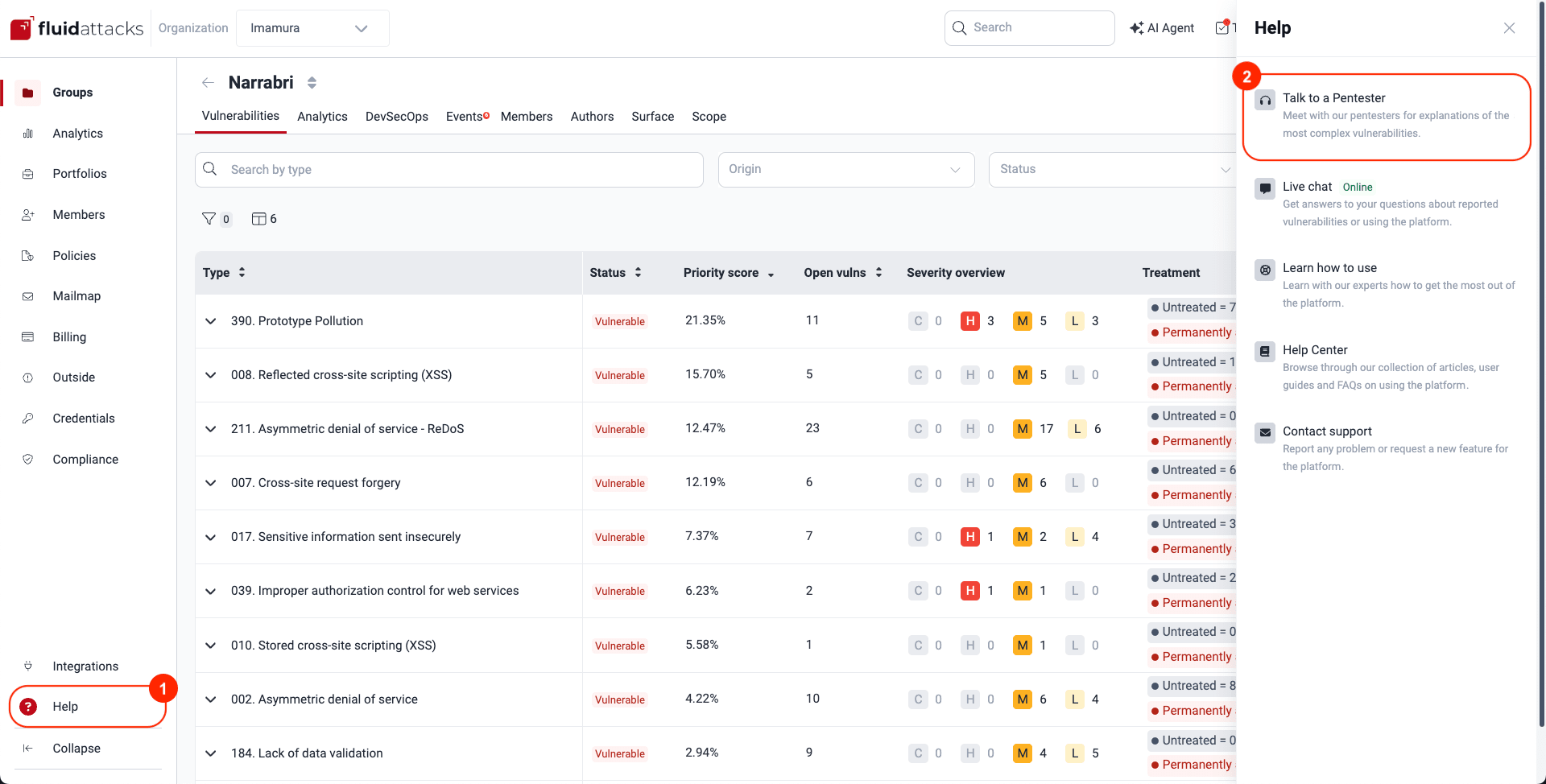 Find the Talk to a Pentester button on the Fluid Attacks platform