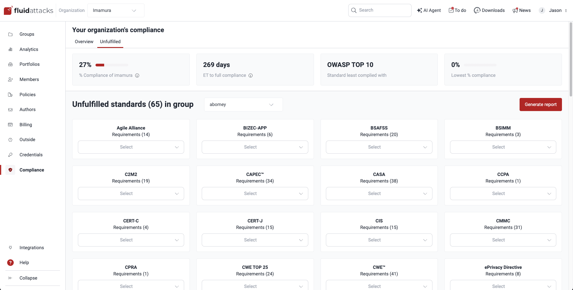 View standard compliance of groups on the Fluid Attacks platform